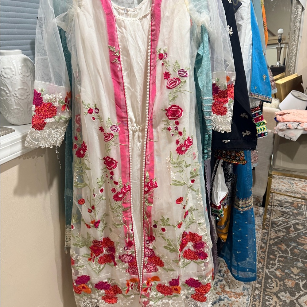 Pakistani Indian Desi Outfit White jumpsuit with Embroidered net coat over it